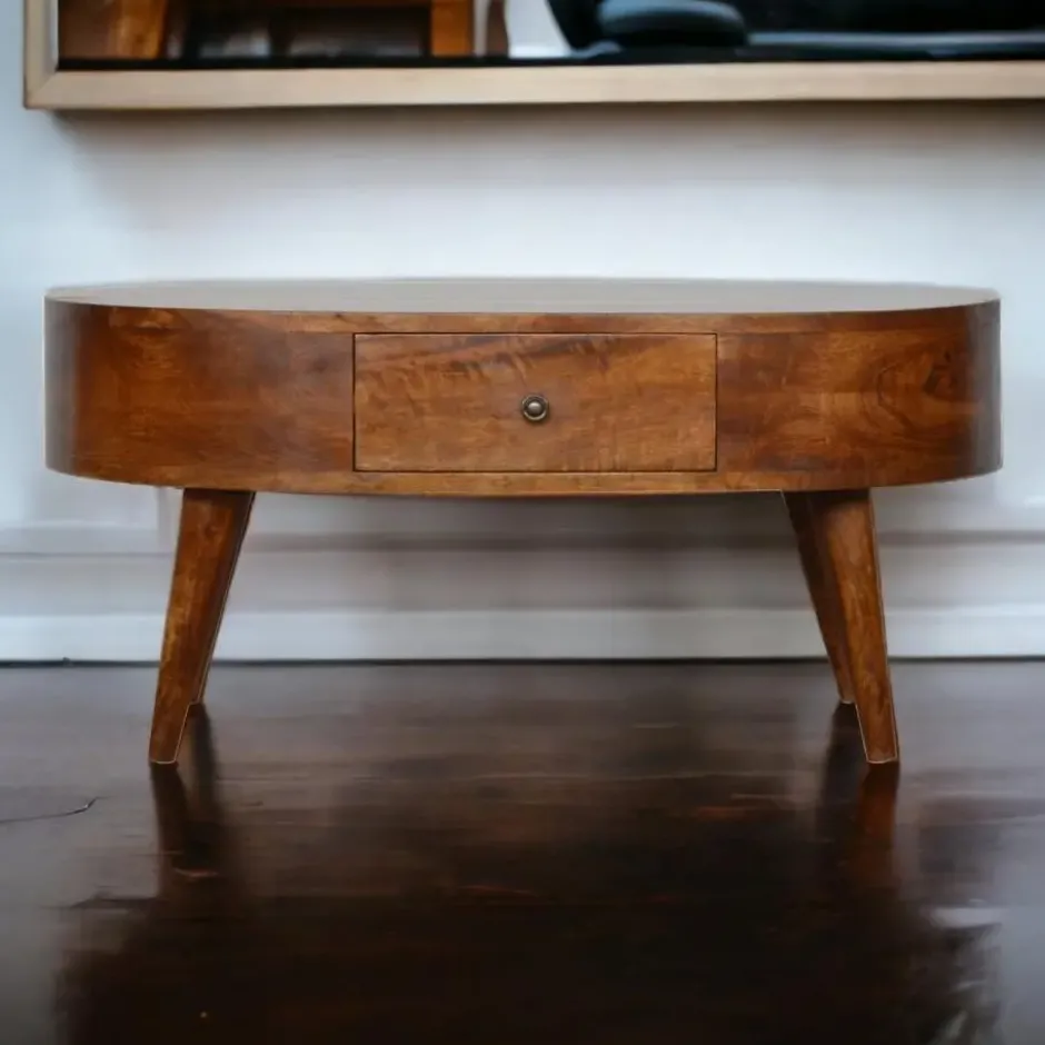 Massief Hout Chestnut Afgeronde Salontafel, 2 Lades, Donkerbruin