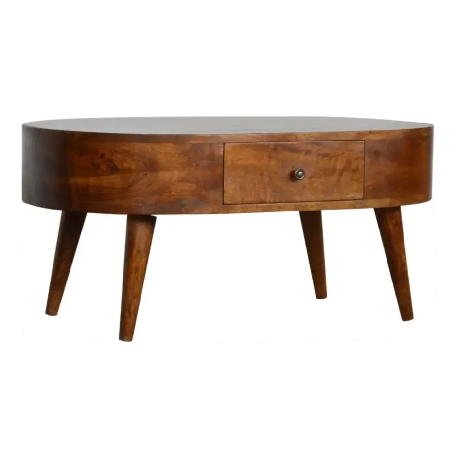 Massief Hout Chestnut Afgeronde Salontafel, 2 Lades, Donkerbruin