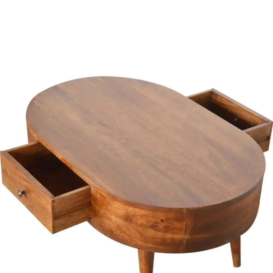 Massief Hout Chestnut Afgeronde Salontafel, 2 Lades, Donkerbruin