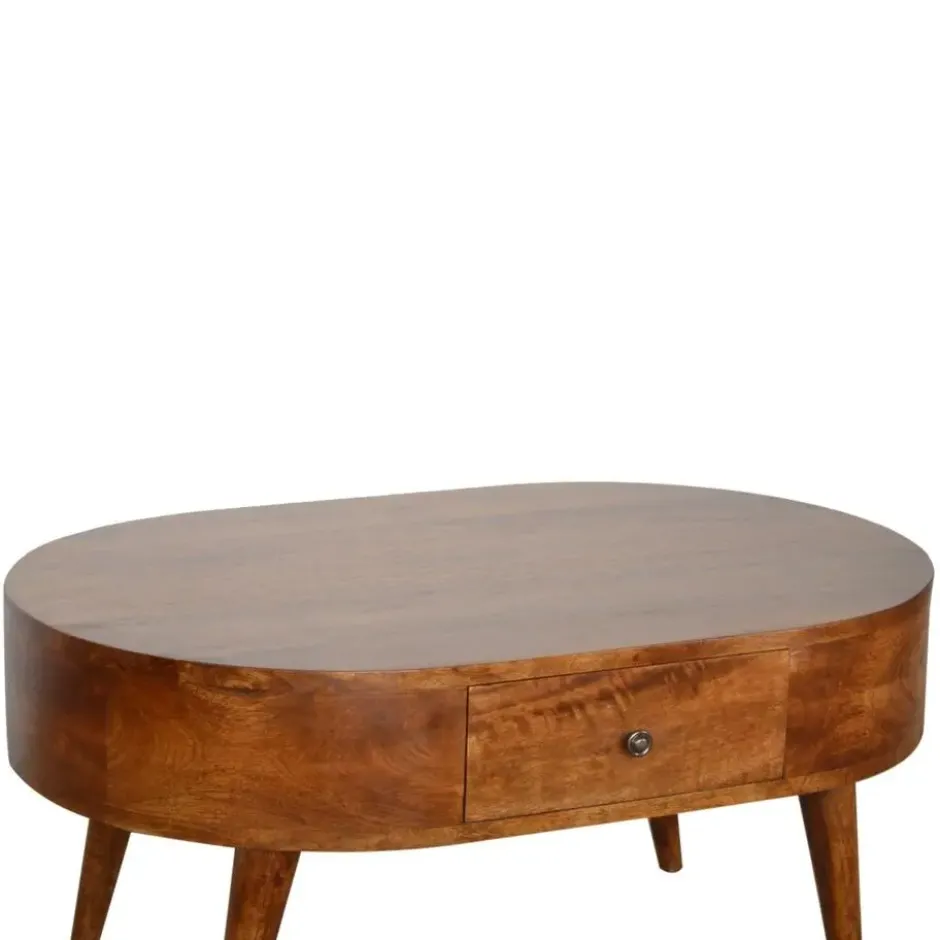 Massief Hout Chestnut Afgeronde Salontafel, 2 Lades, Donkerbruin