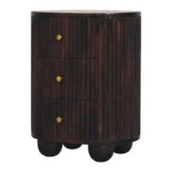 Massief Hout Gebogen Geribbelde Nachtkastje, 3 Lades, Donkerbruin