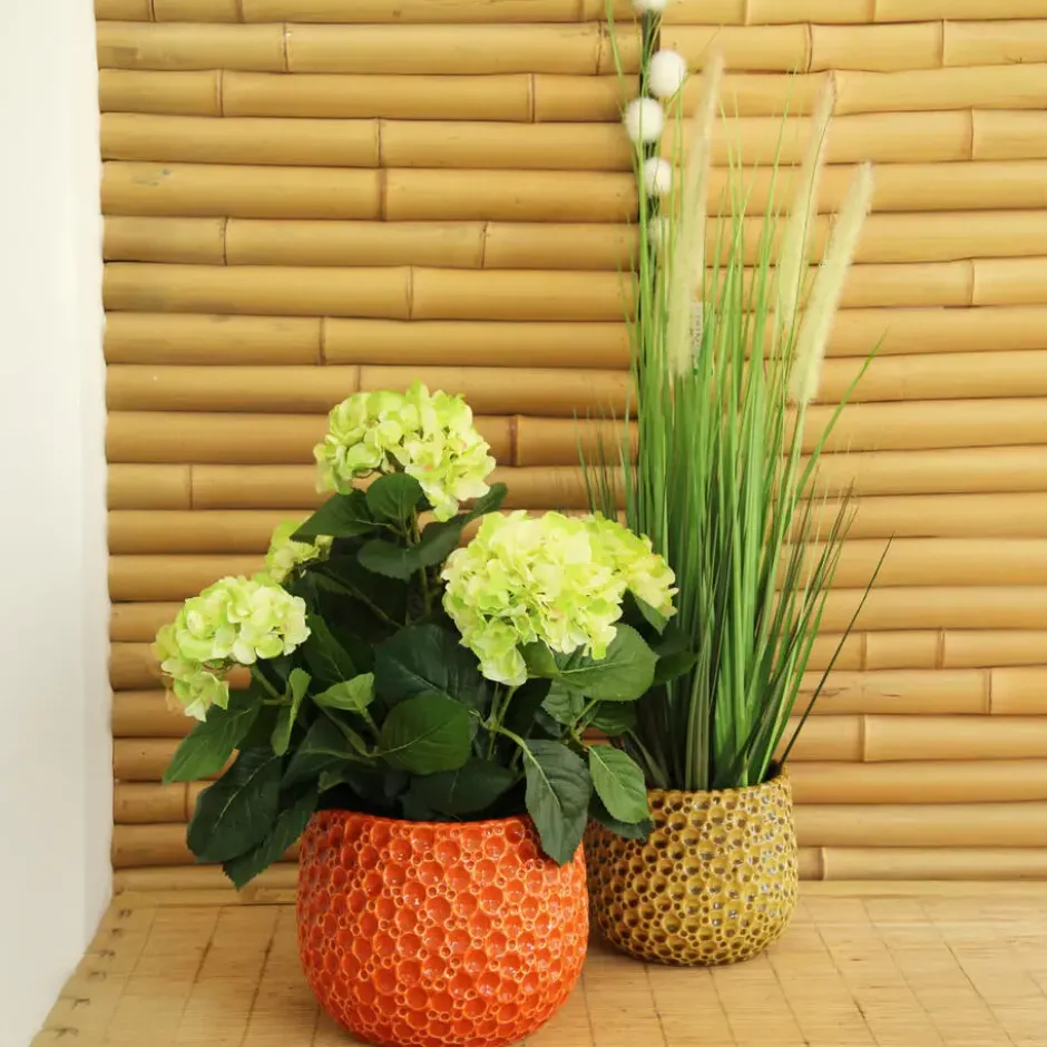 Mega Collections bloempot Pebblo - keramiek - oranje - D21 x H17 cm