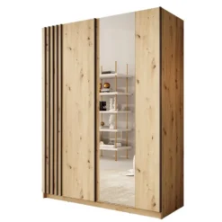 Meubella - Boets - Kledingkast - Spiegel - Eikenpatroon - 150x64x199 cm