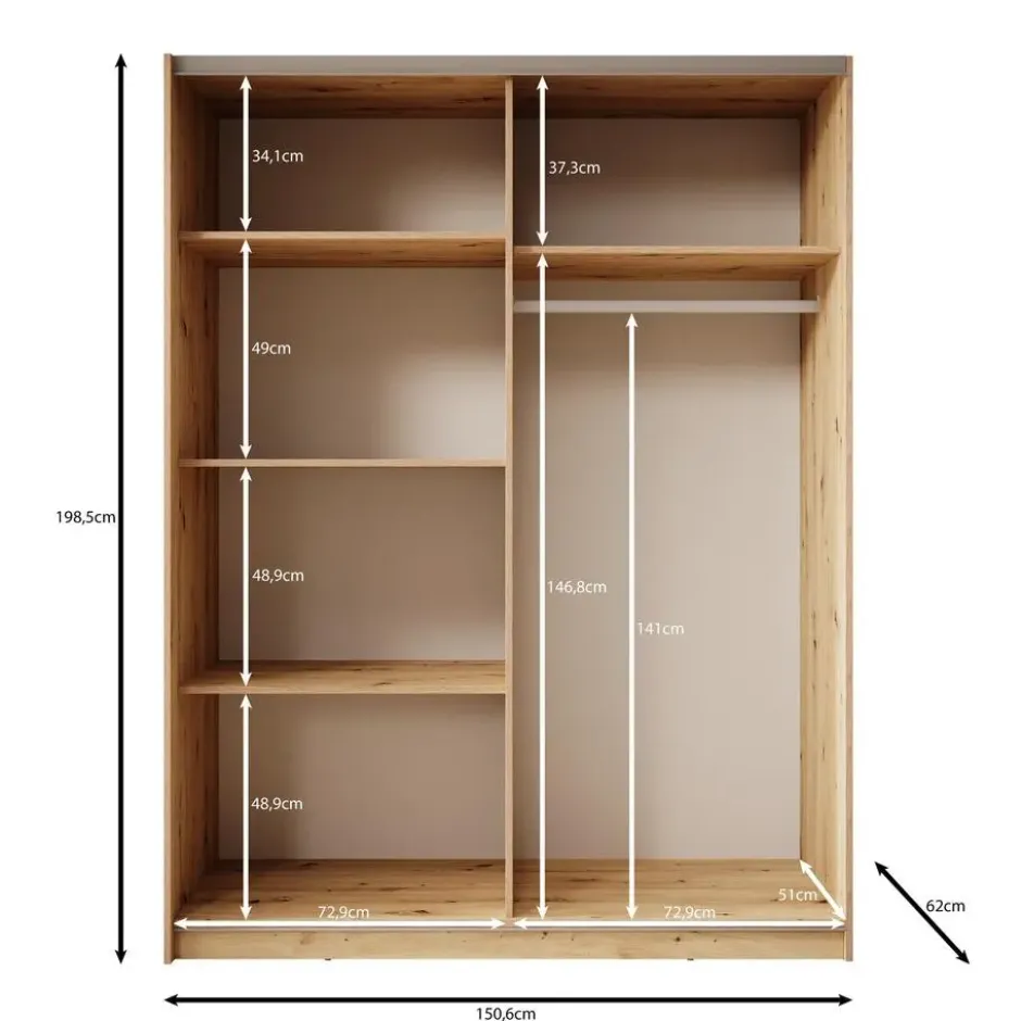 Meubella - Boets - Kledingkast - Spiegel - Eikenpatroon - 150x64x199 cm