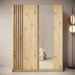 Meubella - Boets - Kledingkast - Spiegel - Eikenpatroon - 150x64x199 cm