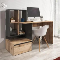 Meubella - Bureau Pierre 2 - Licht eiken - Antraciet - 145 cm