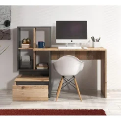 Meubella - Bureau Pierre 2 - Licht eiken - Antraciet - 145 cm