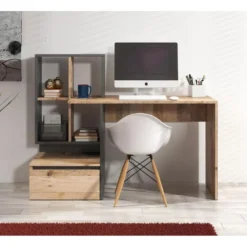 Meubella - Bureau Pierre 2 - Licht eiken - Antraciet - 145 cm