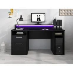 Meubella - Bureau Tamara 3 - Zwart - 160 cm - Met LED