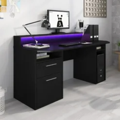 Meubella - Bureau Tamara 3 - Zwart - 160 cm - Met LED