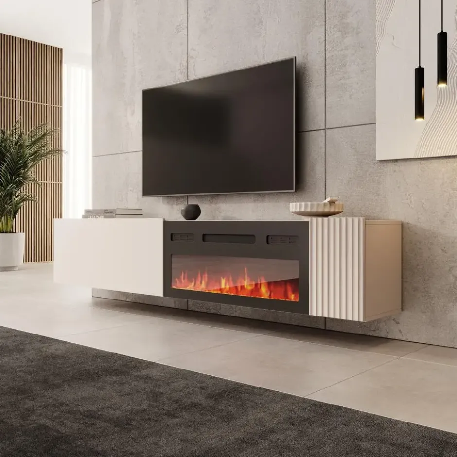 Meubella - Cruzar - TV-Meubel met sfeerhaard - Beige - 200 cm