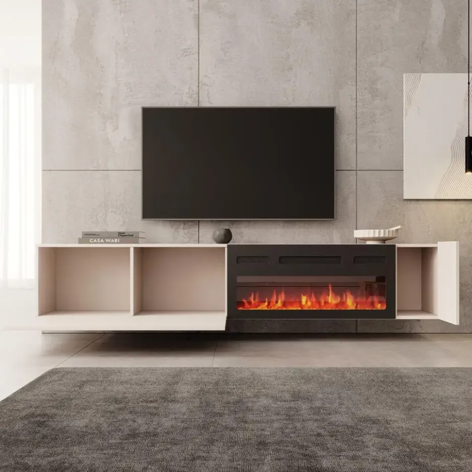 Meubella - Cruzar - TV-Meubel met sfeerhaard - Beige - 200 cm