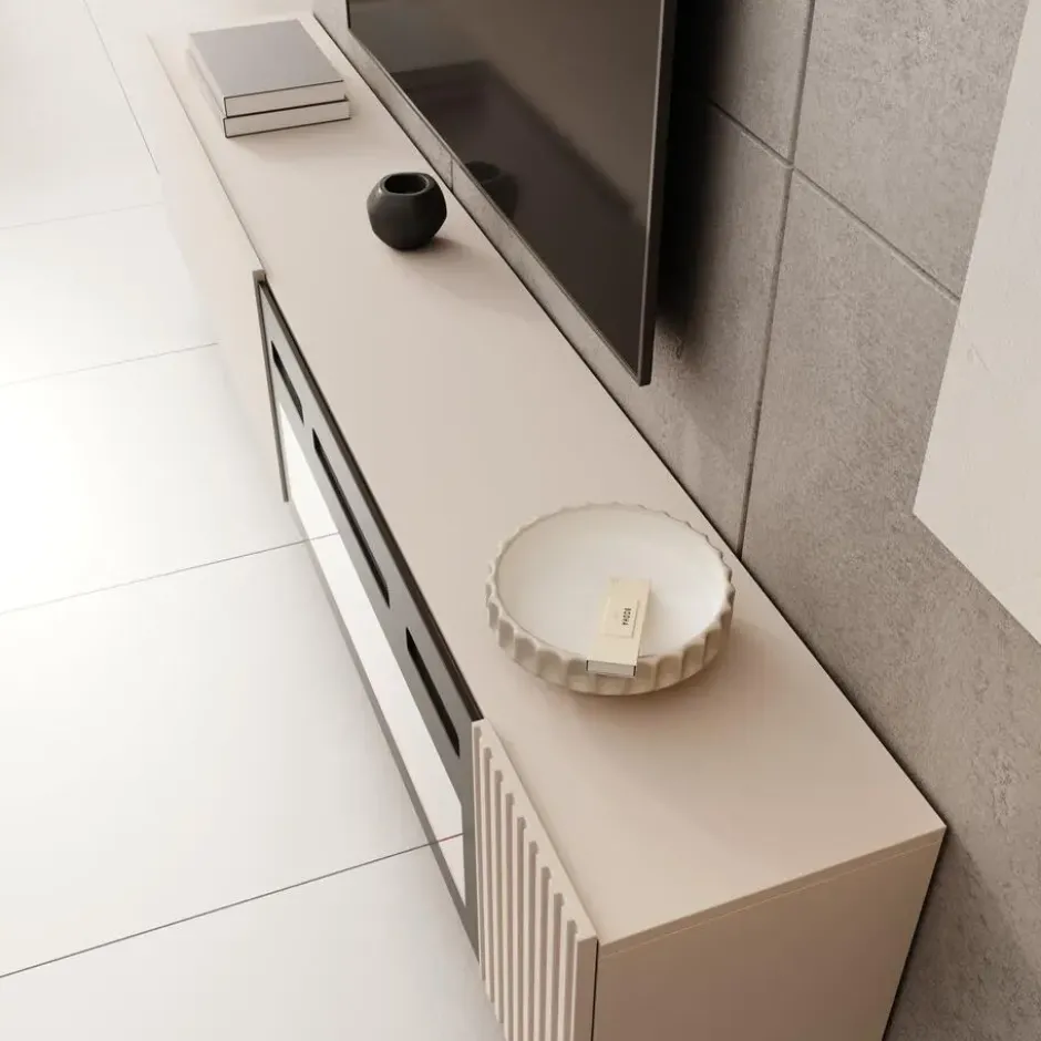 Meubella - Cruzar - TV-Meubel met sfeerhaard - Beige - 200 cm