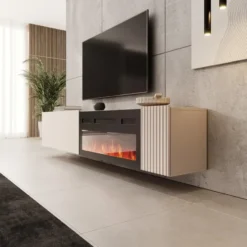 Meubella - Cruzar - TV-Meubel met sfeerhaard - Beige - 200 cm