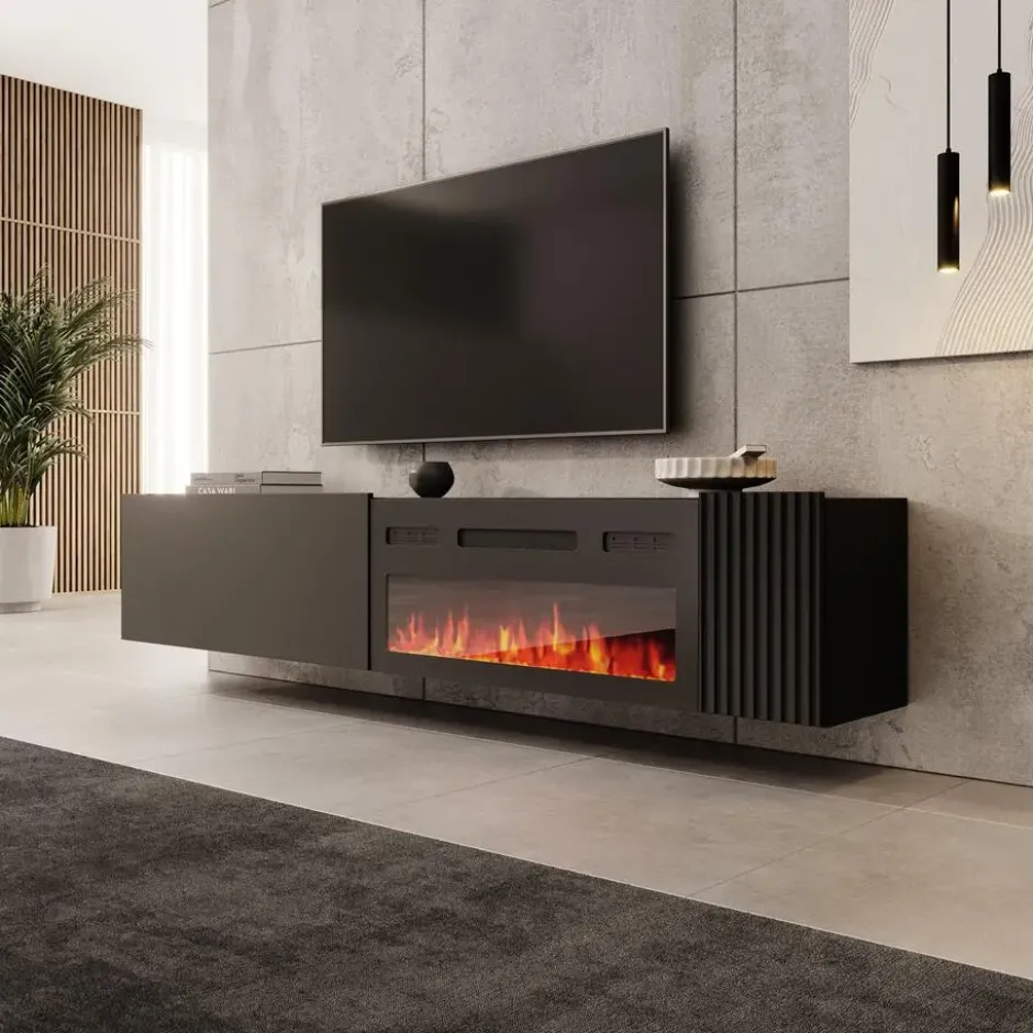 Meubella - Cruzar - TV-Meubel met sfeerhaard - Zwart - 200 cm