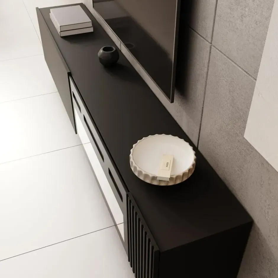 Meubella - Cruzar - TV-Meubel met sfeerhaard - Zwart - 200 cm