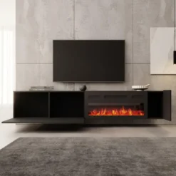 Meubella - Cruzar - TV-Meubel met sfeerhaard - Zwart - 200 cm