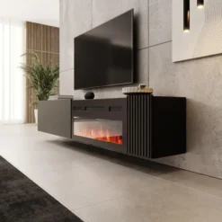 Meubella - Cruzar - TV-Meubel met sfeerhaard - Zwart - 200 cm