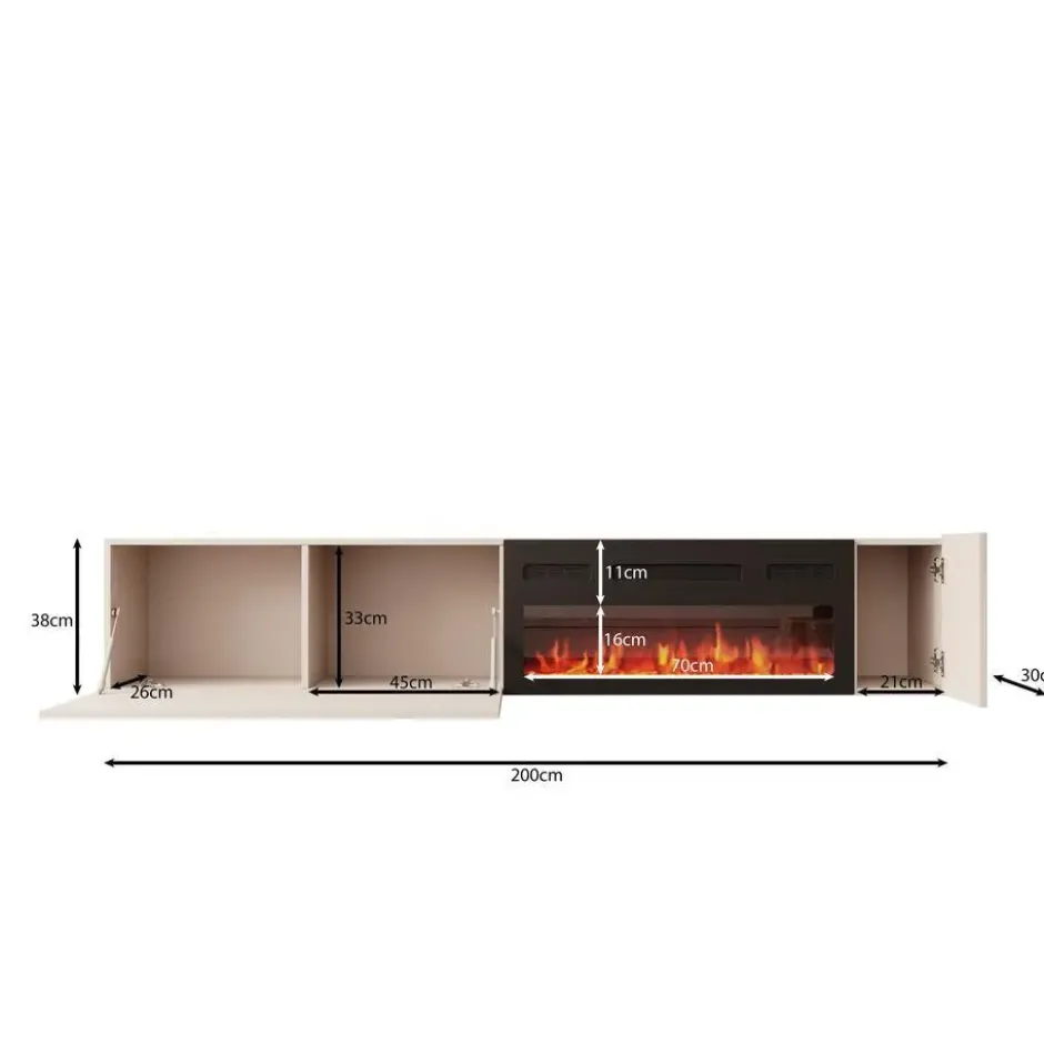 Meubella - Cruzar - TV-Meubel met sfeerhaard - Zwart - 200 cm