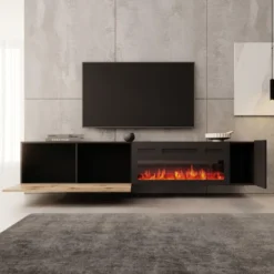Meubella - Cruzar - TV-Meubel met sfeerhaard - Zwart/Eiken - 200 cm