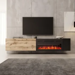 Meubella - Cruzar - TV-Meubel met sfeerhaard - Zwart/Eiken - 200 cm