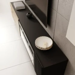 Meubella - Cruzar - TV-Meubel met sfeerhaard - Zwart/Eiken - 200 cm