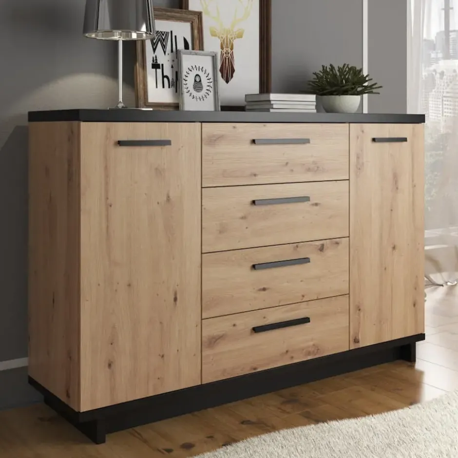 Meubella - Dressoir Incala - Eiken - Zwart - 135 cm