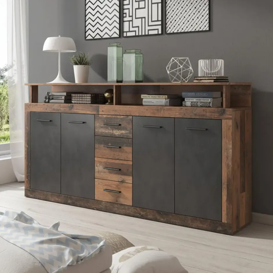 Meubella - Dressoir Lavina - Old wood - Antraciet - 190 cm