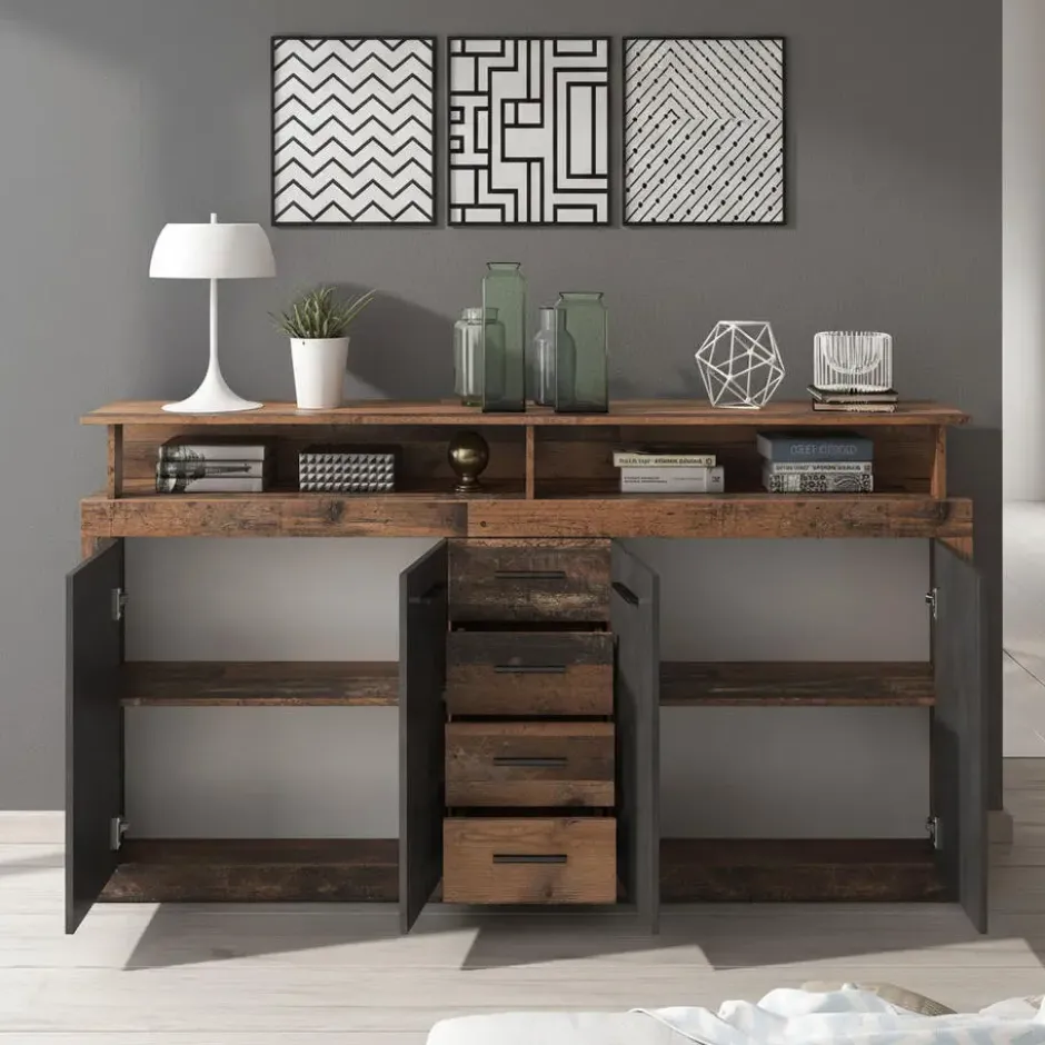 Meubella - Dressoir Lavina - Old wood - Antraciet - 190 cm