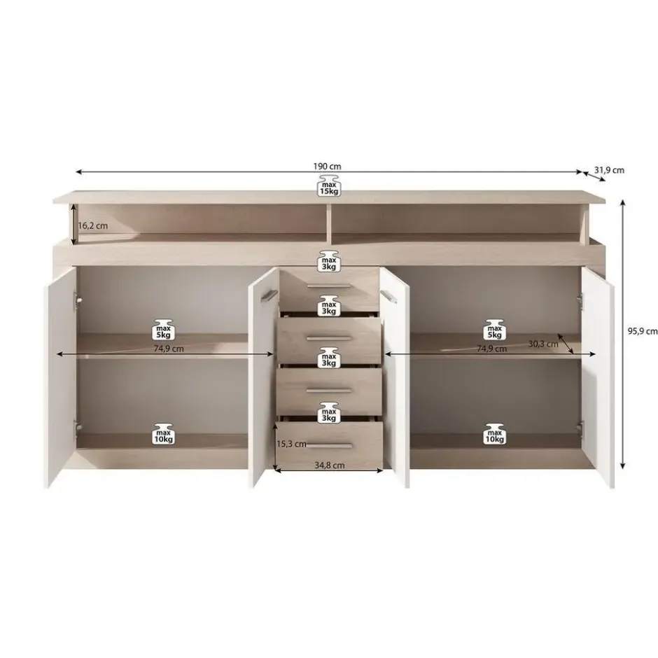 Meubella - Dressoir Lavina - Old wood - Antraciet - 190 cm