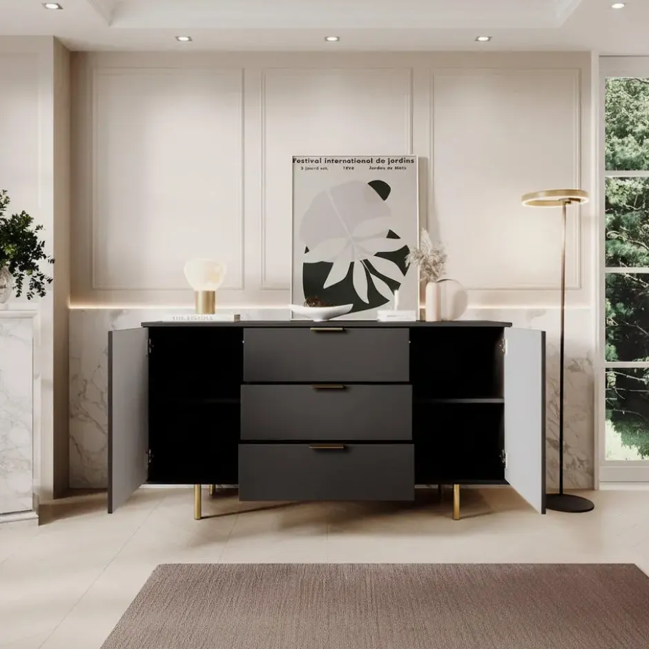 Meubella - Dressoir Nicola - Mat zwart - 150 cm