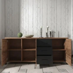 Meubella - Dressoir Olivia - Zwart - Eiken - 192 cm