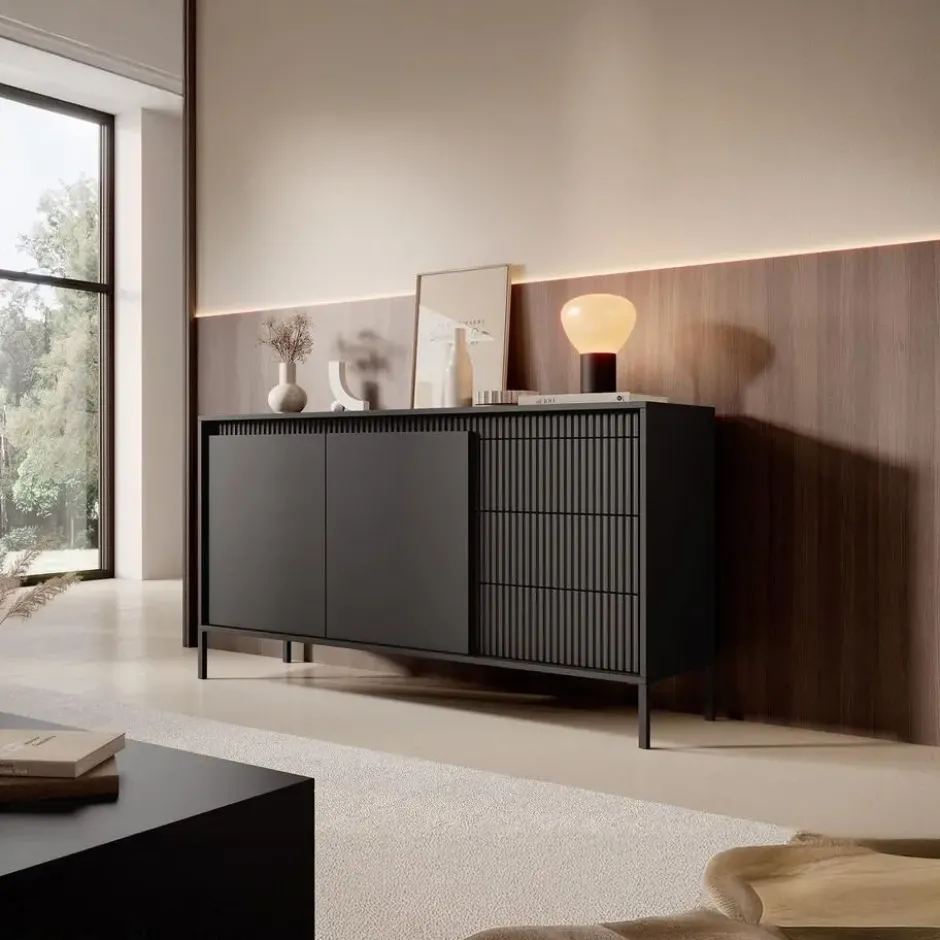 Meubella - Dressoir Saran - Mat zwart - 153 cm