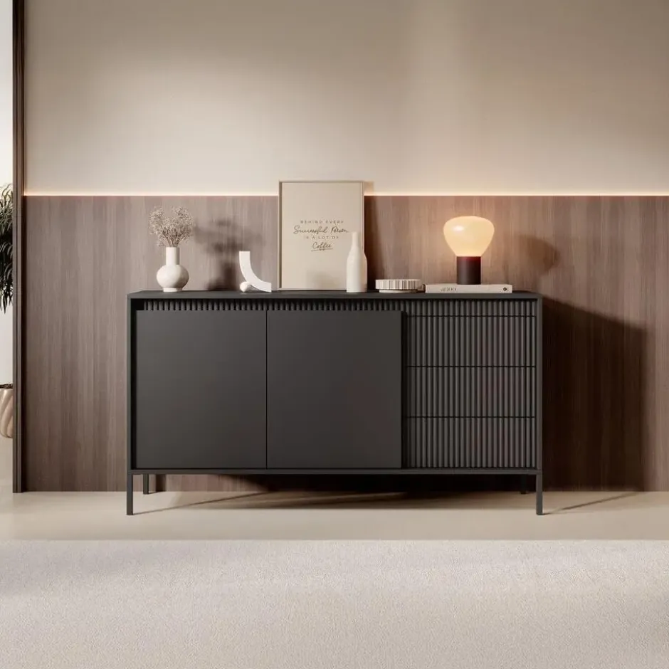 Meubella - Dressoir Saran - Mat zwart - 153 cm