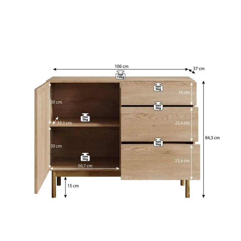 Meubella - Dressoir Storm - Eiken - 106 cm - Met lades