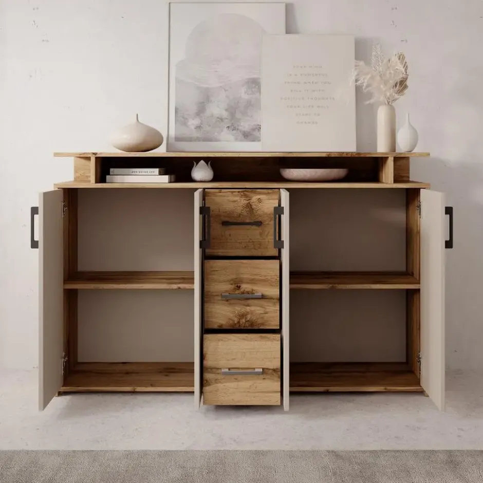 Meubella - Duna 2 - Dressoir - Eikenpatroon/Beige - 139x34x90 cm