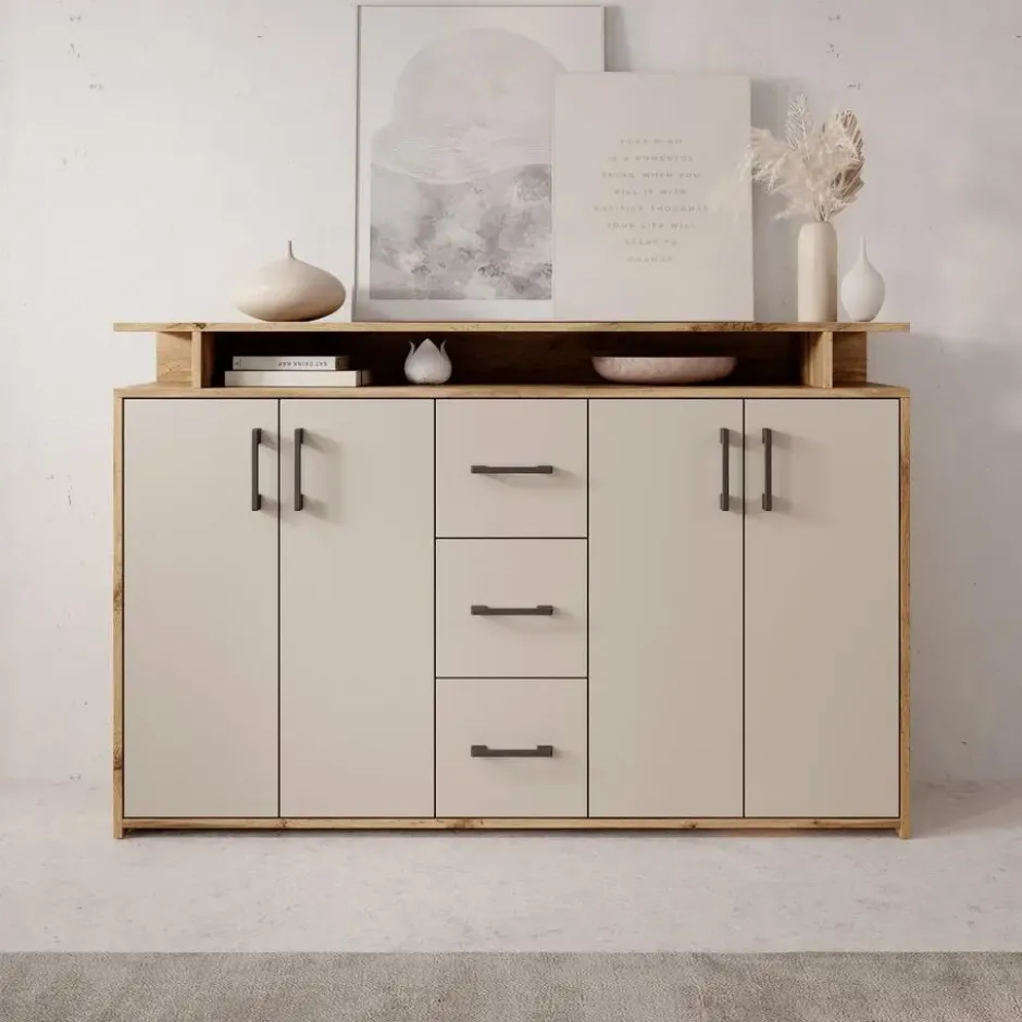 Meubella - Duna - Dressoir - Eikenpatroon/Beige - 139x34x90 cm