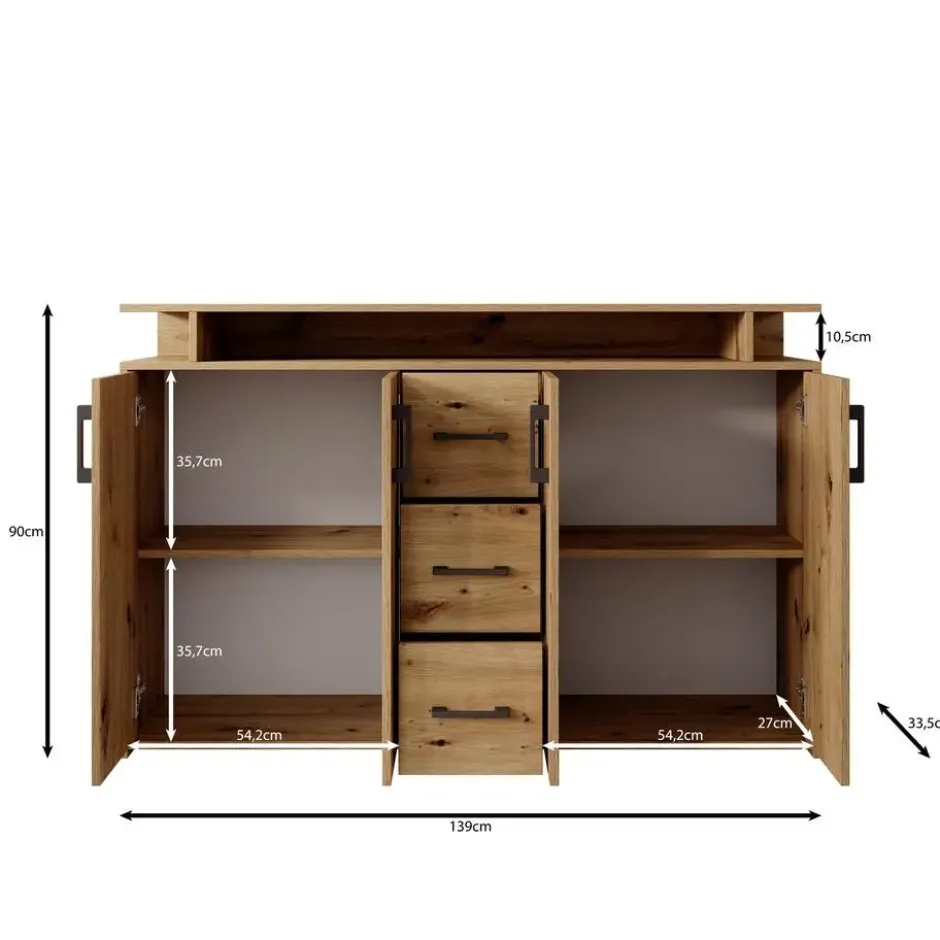 Meubella - Duna - Dressoir - Eikenpatroon/Beige - 139x34x90 cm