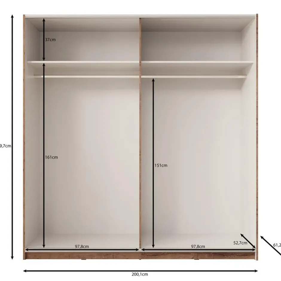 Meubella - Duvano - Kledingkast 2 schuifdeuren - Eiken - 200x61x210 cm