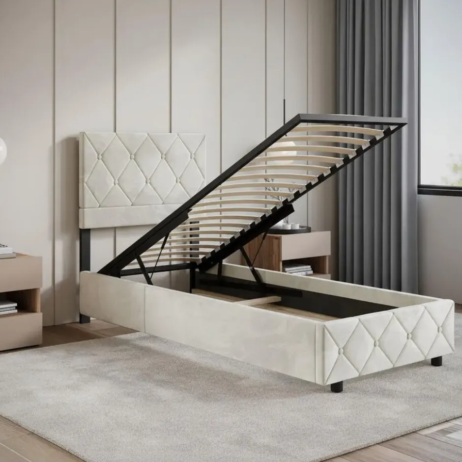 Meubella - Eenpersoonsbed Hernandez - Beige 90x200 cm - Met gaslift