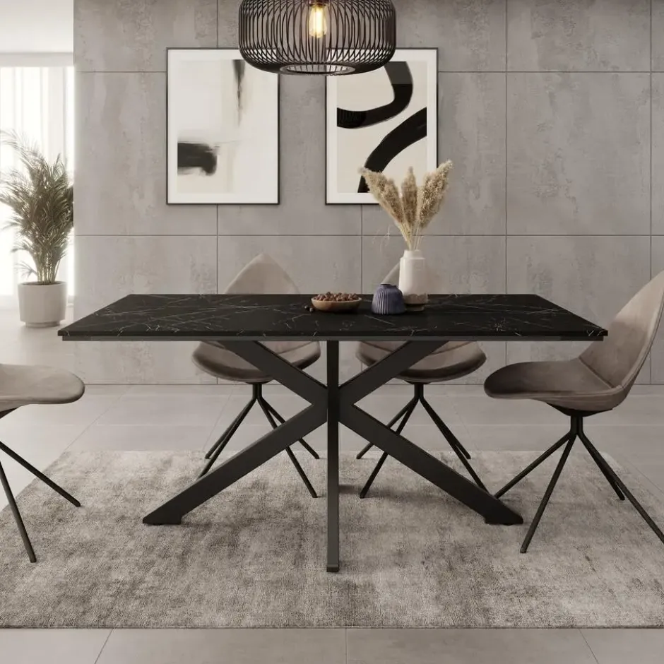 Meubella - Eetkamertafel Wabe - Zwart marmerlook - 160 cm