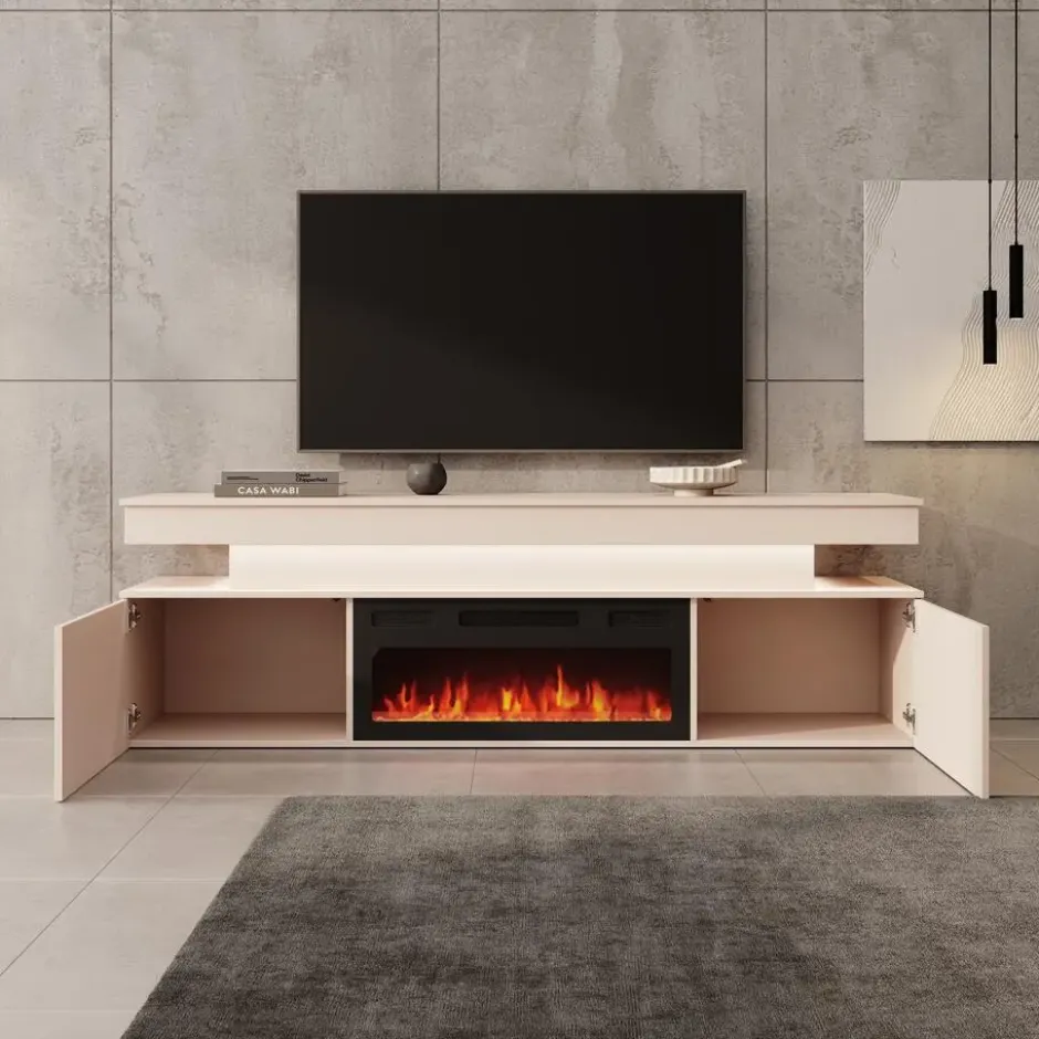 Meubella - Galan - TV-Meubel met sfeerhaard - Beige - 190x39x54 cm