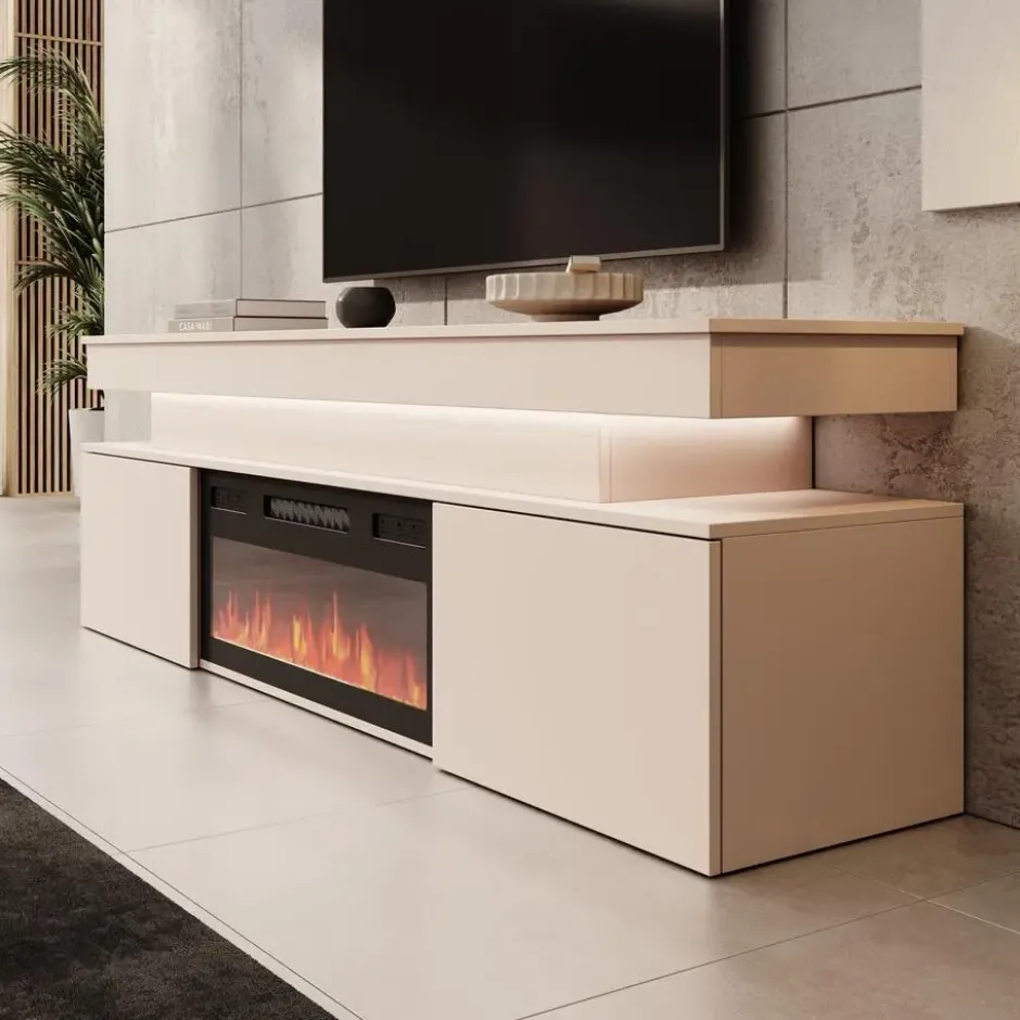 Meubella - Galan - TV-Meubel met sfeerhaard - Beige - 190x39x54 cm