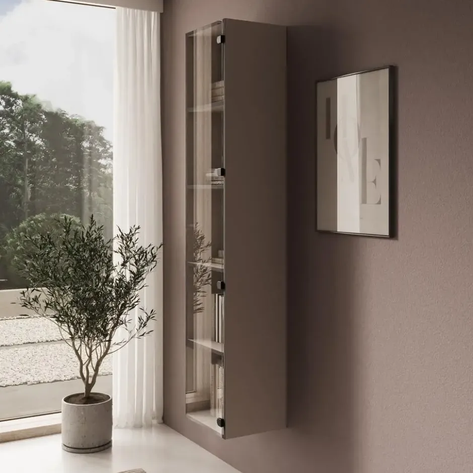 Meubella - Gelvio - Vitrinekast met glas - Beige - 35x32x168 cm