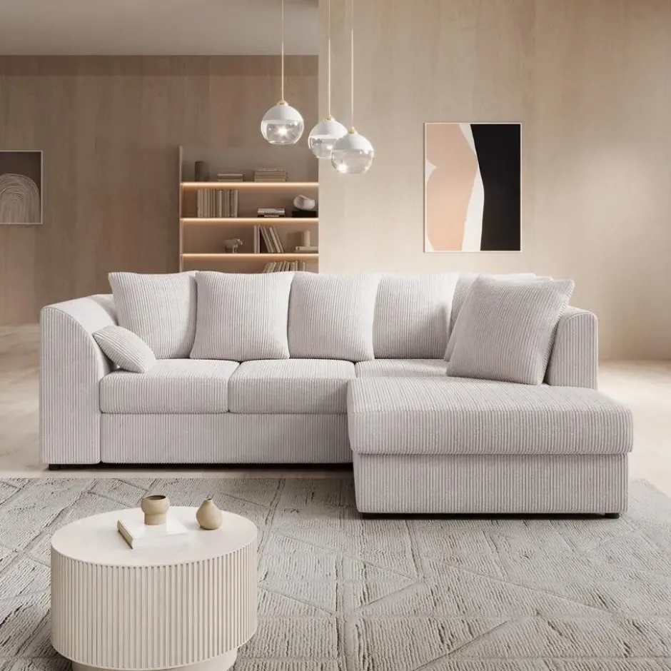 Meubella - Hoekbank Alfort - Beige - Ribstof - Rechts