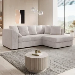 Meubella - Hoekbank Alfort - Beige - Ribstof - Rechts