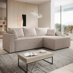 Meubella - Hoekbank Lawrence - Beige - Ribstof - Rechts