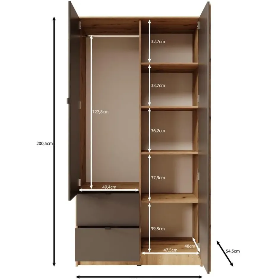 Meubella - Kavalli - Kledingkast met 2 deuren - Zwart - 102x55x201 cm