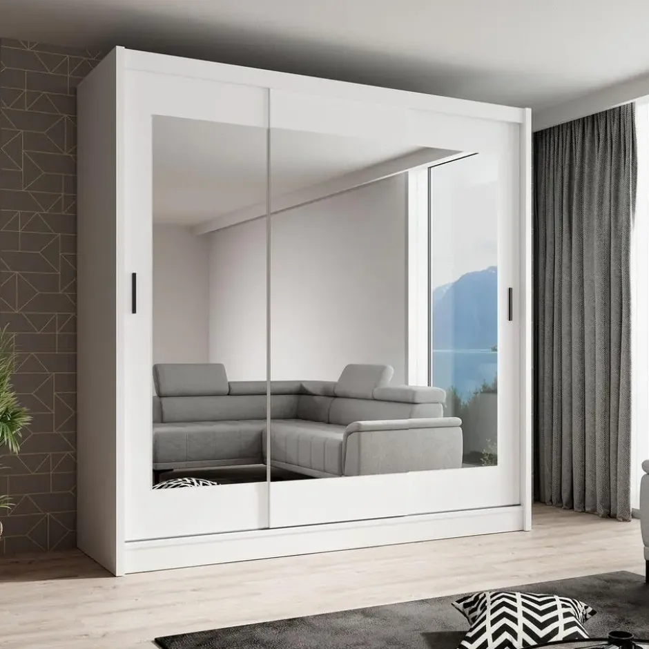 Meubella - Kledingkast Alcamo 2 - Wit - 205 cm - Met spiegel