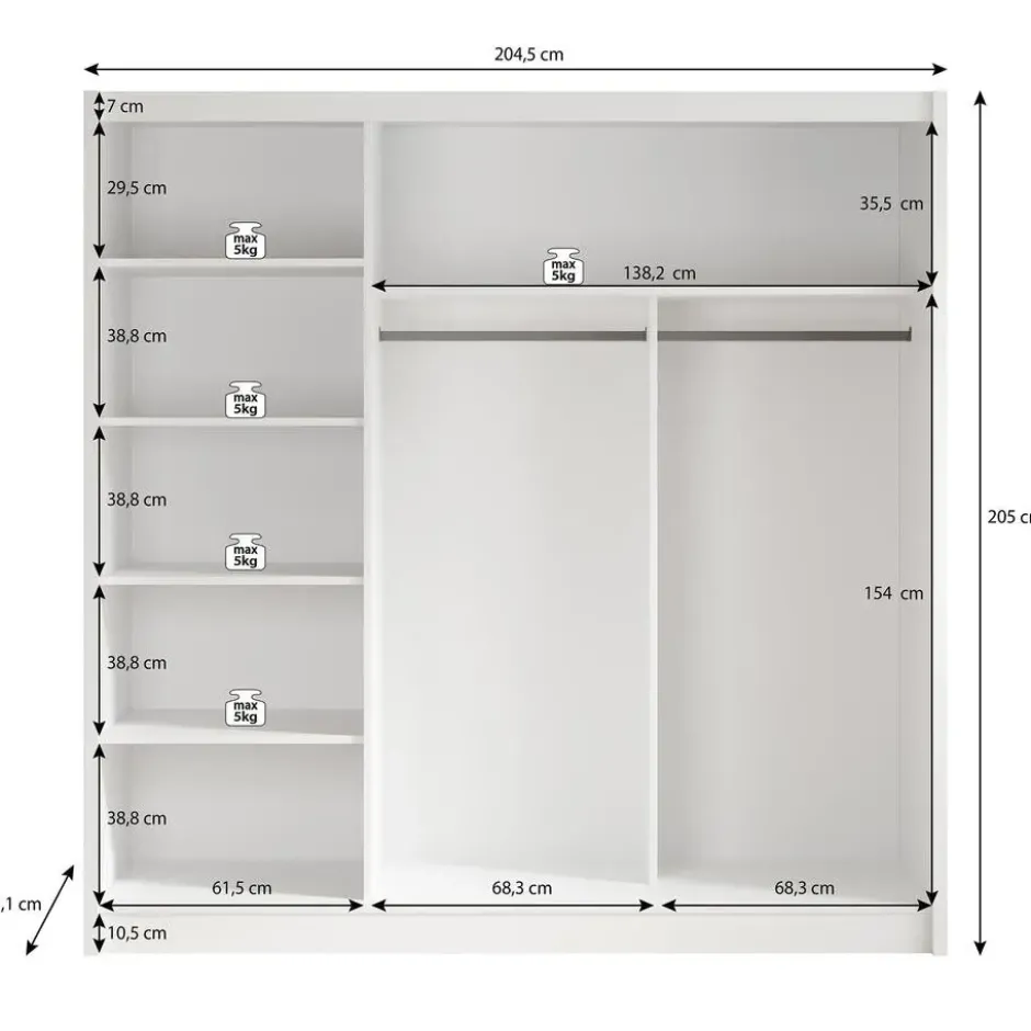 Meubella - Kledingkast Alcamo - Wit - 205 cm - Met spiegel